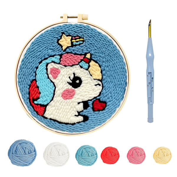 Stämplad broderistartsats med broderbågegarn matta stansnål, broderityg med mönster, verktygssats för nybörjare, Meteor Unicorn Patt