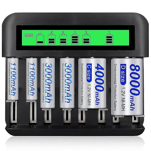 Universell LCD-batteriladdare - 8 fack Aa /aaa /c /d batteriladdare för uppladdningsbara batterier med 2a USB-port, typ C-ingång, snabb Aa /aaa batteriladdare