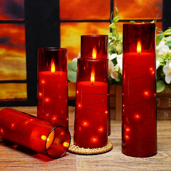 Flammeløse LED-lys med timer 5 stk Flimrende flammeløse lys, med innebygd stjernelys, batteridrevne lys (rød)