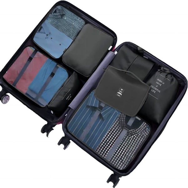 8-delt Pakke Cubes, Tøjposer, Kuffert Organizer til Ferie og Rejser, Pakke Cube Sæt Rejse Cubes - Sort black