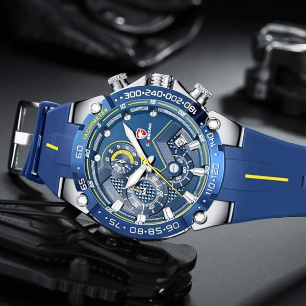 Herreure Sports vandtæt kronografur med silikonerem, dato, lysende kvarts armbåndsur