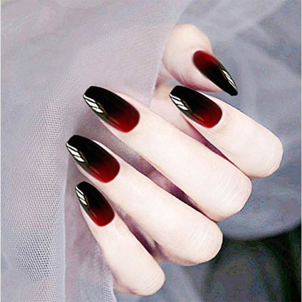 Falska naglar Långa Fake Gradient Color Ballerina Fulltäckande Akryl False Nails 24 st för kvinnor och flickor (svart och röd)