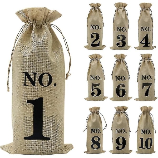 10 stk. jutevinposer, 14 x 6 1/4 tommer hessisk nummererede vinflaskegaveposer med snøre til blind vinsmagning (brun)-