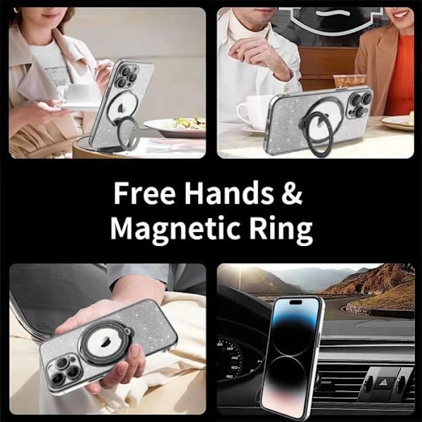 Etui til iPhone 16 Plus med roterende magnetisk stativ - Anti-ripe silikonbeskyttelse Glittereffekt Svart