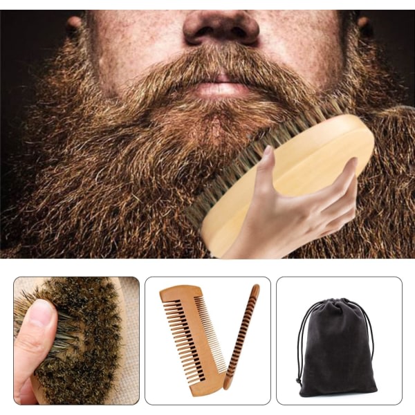 Sett, skjeggbørste av tresvin, lommekam, bærbar hårkam for å gre skjegghår, fjerne rusk, massere ansikt