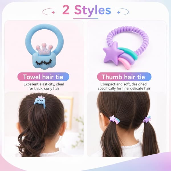 200 stk. farverige hårbånd til piger, elastiske hårbånd til piger, 2 modeller scrunchie piger (frottéhårbånd og tommelfingerhårbånd)