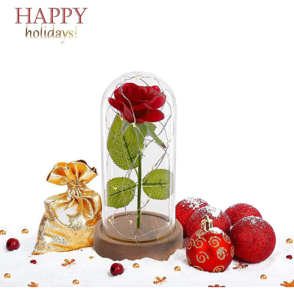 Beauty And the Beast Rose, Enchanted Red Silk Rose Kit med Led Fairy String Lights Nedfaldne kronblade i glaskuppel på træbase Bedste gave til mors