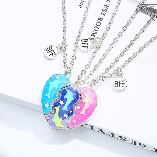3 stk/ sett Best Friends Dolphin Necklace Split Heart Puzzle Pendant Women Girl