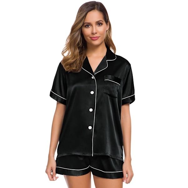Satinpysjamas for damer, korte pysjamas med knapp, V-hals Black L
