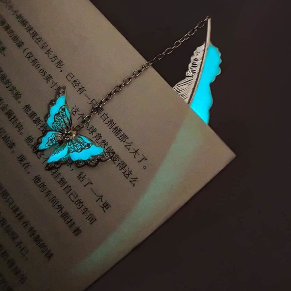 Feather Metal Bookmark med 3D Butterfly Pendant, Unik Glow in the Dark Butterfly Bookmark, Morsdag, Thanksgiving, Valentinsdagsgaver