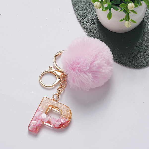 e Nøglering Pink Pompom Bold Nøglering med 26 bogstaver Resin Nøgleringe P