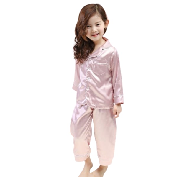 Pyjamas langt ærme sæt til børn, silkepyjamas sæt med knapper, pink pink 150cm