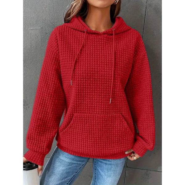 Waffle Grid Hoodie med Känguruficka - Mysig Långärmad Tröja med Snodd för Kvinnor