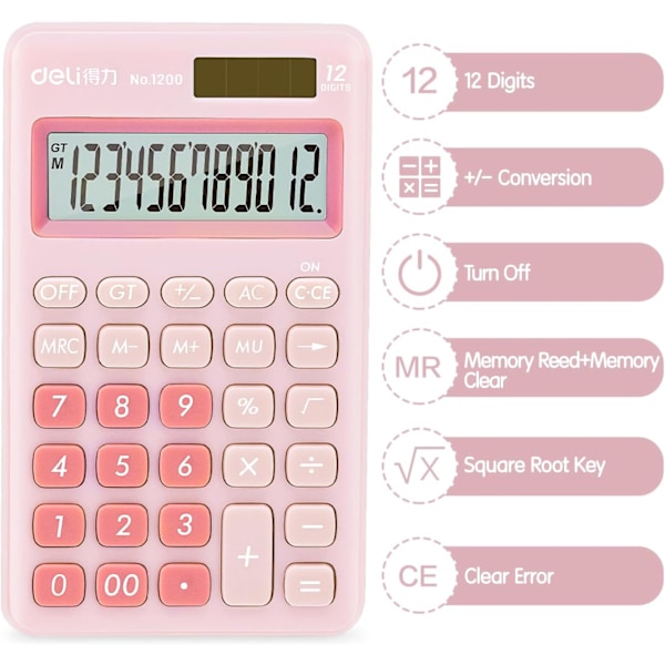 Standard Funktionell Grundläggande Kalkylator, 12-Sifferlig Skrivbordsräknare med Stor LCD-Skärm, Solcells- och Batteridriven Kontorsräknare, Rosa