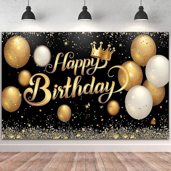 Syntymäpäiväbanneri Suuri musta ja kultainen juliste Happy Birthday -kirjoituksella 180 x 115 cm