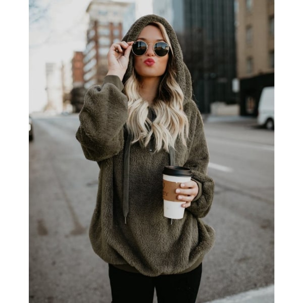 Damegenser med hette i teddyfleece, høst og vinter army green XL
