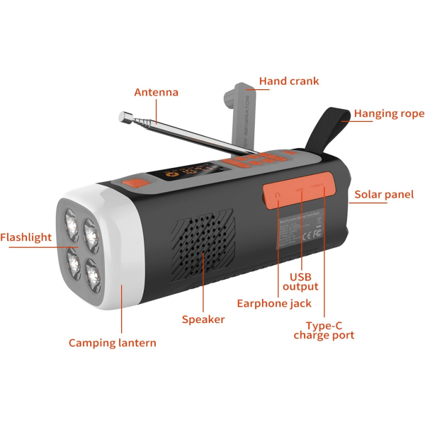 Nödradio, 4500mAh Bärbar Handvev Solcellsdriven AM FM SW Radio Utomhusradio Trådlös