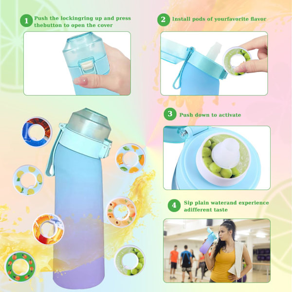 Air Vattenflaska Smak Pods Pack Med 7 Smak Pods Och Borste, 650ml Frukt Doftande Doftande Vattenkopp BPA Fri 0% Socker För Fitness Och Utomhus