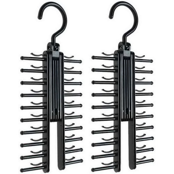 Set med 2 svarta slipsförvaringar, slipshängare, klädhängare, halkfritt clips, roterar 360 grader, håller säkert 20 slipsar