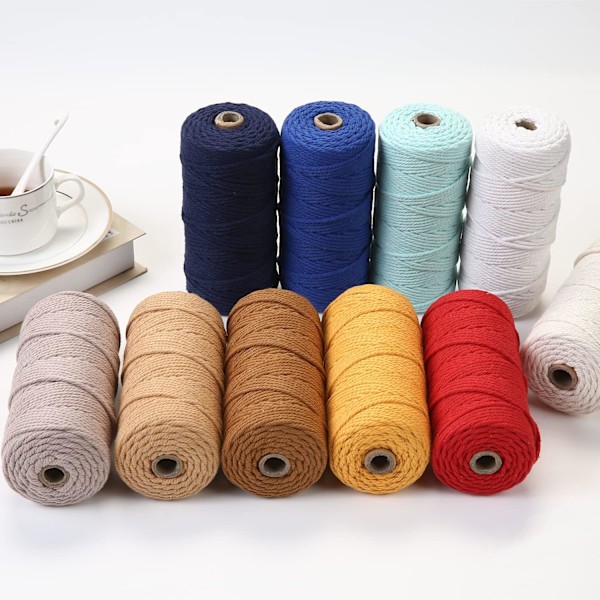 Makramégarn 3mm x 100m Premium Bomull Makramétau, 4-tråds tvinnet myk bomullstau, et av de mest perfekte materialene (Beige)