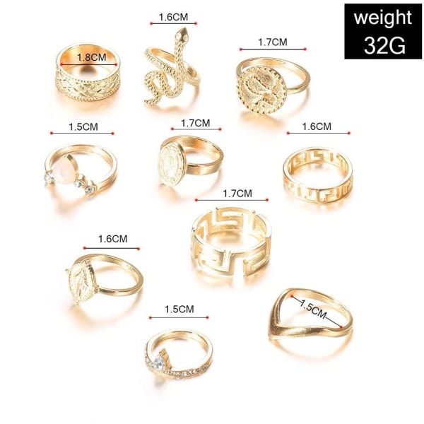 Vintage 10-delers Snake Ring Sett Edelsten Ring Gull Knoke Knoke Ring Lykke til for kvinner og jenter (1)