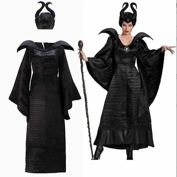 Damekostume Maleficent Evil Queen Performance Cosplay Outfit Kjole + Hat M