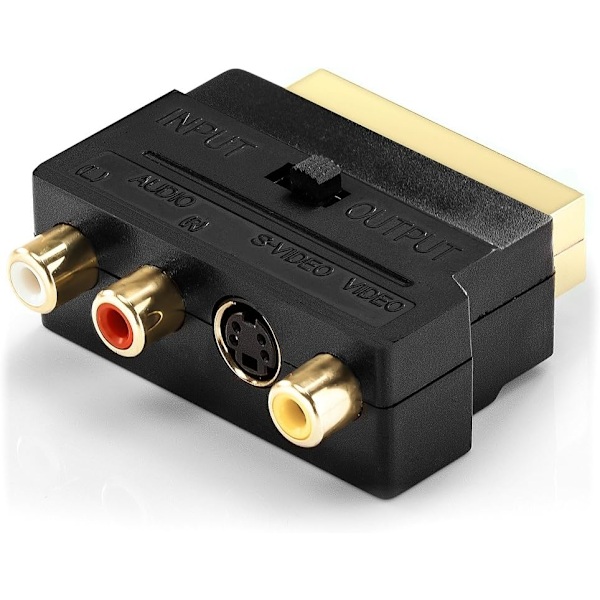 deleyCON Scart til 3x RCA Sokkel IN/OUT Bryter + S-VIDEO S-VHS AV Lyd Videokonverter - Svart