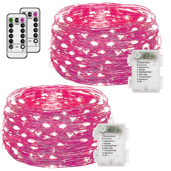 Fairy Lights, 2-pak batteridrevet 5 LED 16.4ft med fjernbetjening til julefesthave (pink)