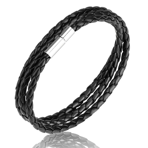 Flettet læderarmbånd til mænd - klassisk tredobbelt flettet sort armbånd med magnetisk lås, meget holdbart tovarmbåndstilbehør