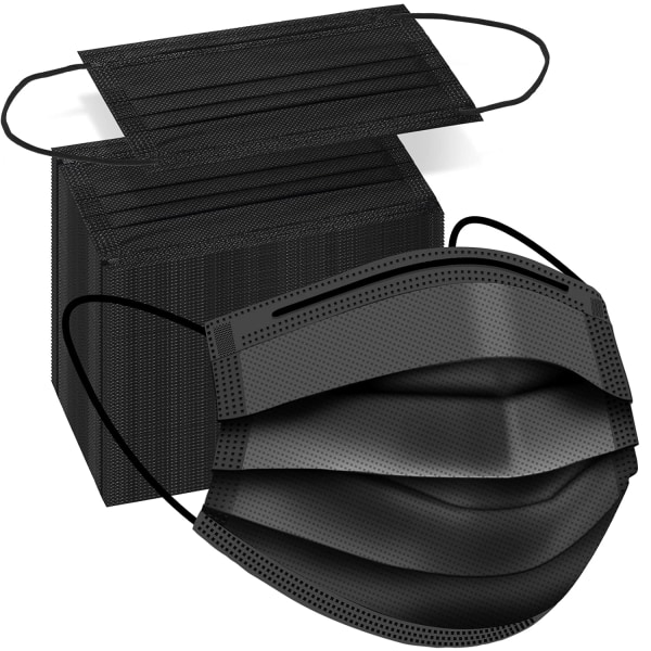 Svarte engangsansiktsmasker, 100 pakke svarte ansiktsmasker 3-lags filterbeskyttelse