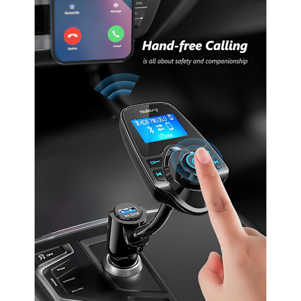 Auton Bluetooth FM -lähetin, 1,44 tuuman näyttö, joustava hanhenkaula, handsfree-puhelut, langaton musiikki, stereokaiutin, USB-puhelimen laturi