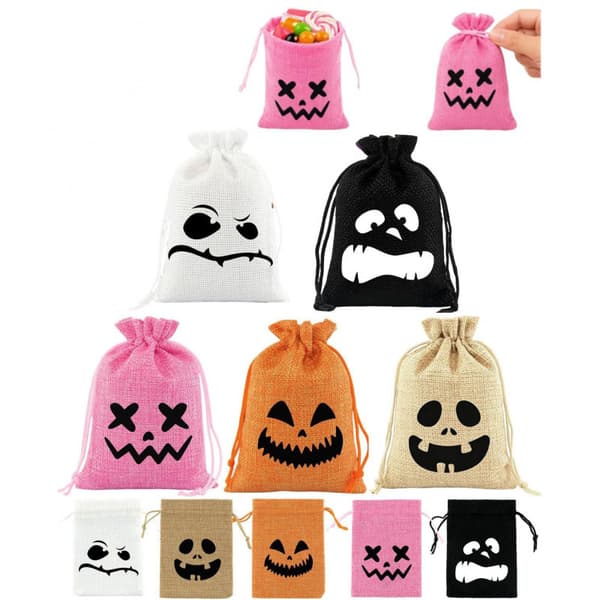 Presentpåsar i linne med dragsko, Halloween julkaraktär godispåsar, spöklik design, festgåvor Pink Forked Eyes