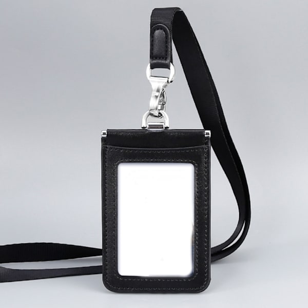 Lädermärkeshållare med tydligt ID-fönster Kreditkortsfack Avtagbart halsband Visitkort för kvinnor män Svart Black Vertical