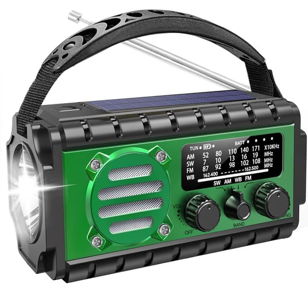 Ny multifunksjonell nødradio med solcellepanel og håndsveiv Army Green