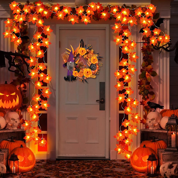 2-pack Höstdekoration Förstorad Lönnlöv Halloween Höstdekorationer för Hemmet Höstlampor Tjocka Löv Girlander, Totalt 20 fot 40 LED Batteridriven