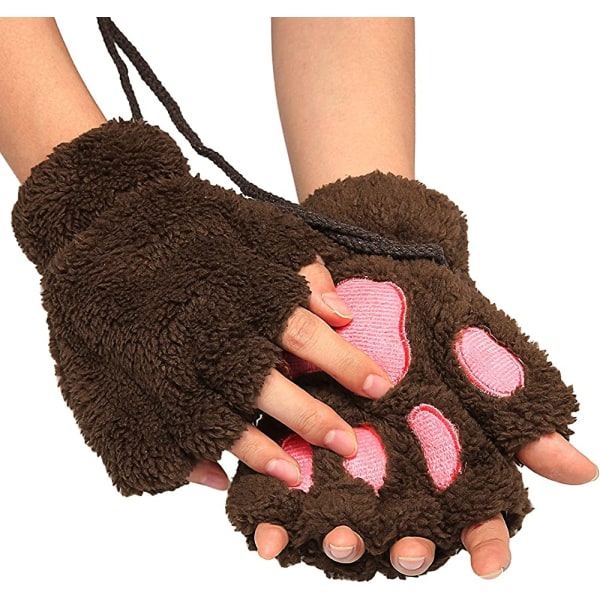 Kvinner Bjørn Plysj Cat Paw Claw Glove Myke vinterhansker Fingerløse hansker (brune)