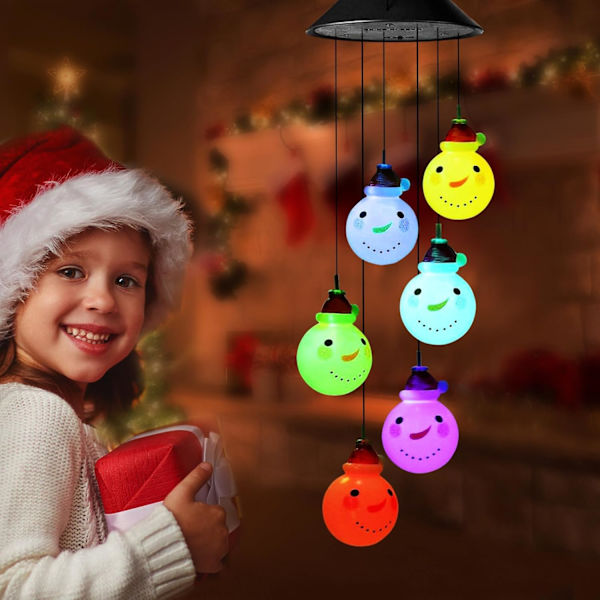 Jul solcells vindspel, tomte snögubbe mobil hängande LED färgförändrande vindspel för inomhus och utomhus trädgård uteplats gård dekoration (snögubbe)