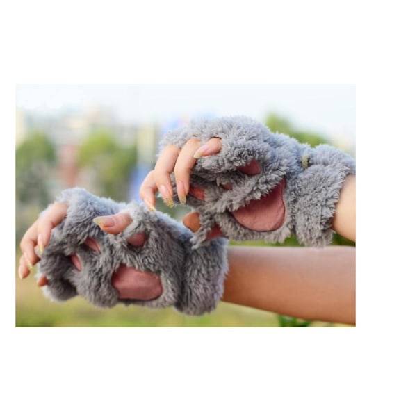 Søde Kattekillinger Poter Plys Faux Fur Fingerløse Handsker til Piger Kvinder (Grå)