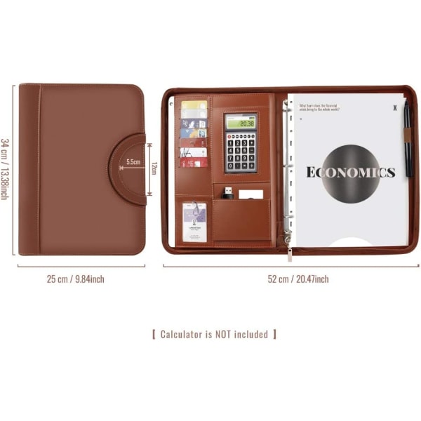 A4-portfölj med handtag, multifunktionell organizer med dragkedja A4-dokumenthållare Affärsdagbok för kontor PU-läder - brun