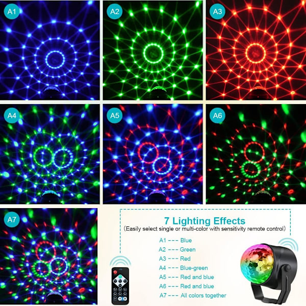 Discolampa, 2 st 7 färger RGB Discokula 360° Rotation med Fjärrkontroll, Bärbar Plug and Play Röststyrd Scenbelysning