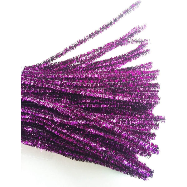 100 kpl 12 tuuman kimaltelevia hopealankaisia Creative Arts Chenille -varren putkien puhdistusaineita (violetti)