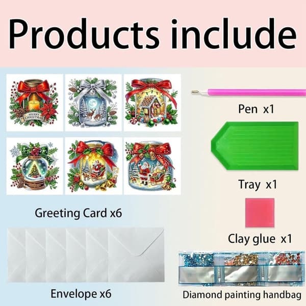 DIY Diamantmaling Julekort - 5D Krystalkort med Konvolutter - 6 stk, 15x30 cm