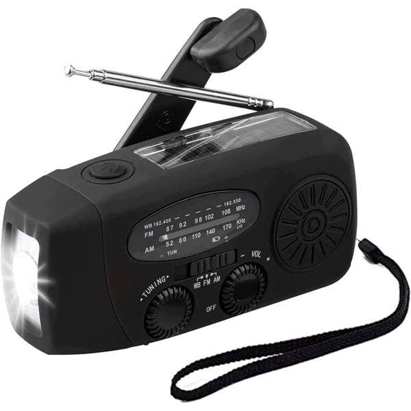 Nödhandvevsradio ja LED-ficklampa för nödsituationer, AM/FM bärbar väderradio ja Power Bank-puhelinladdare, USB laddad