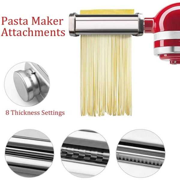 3-i-1-sett tilbehør til pastamaskiner, 3-delt pastarulle og skjæreverktøy for stativmikser, tilbehør til pastamaskiner i rustfritt stål