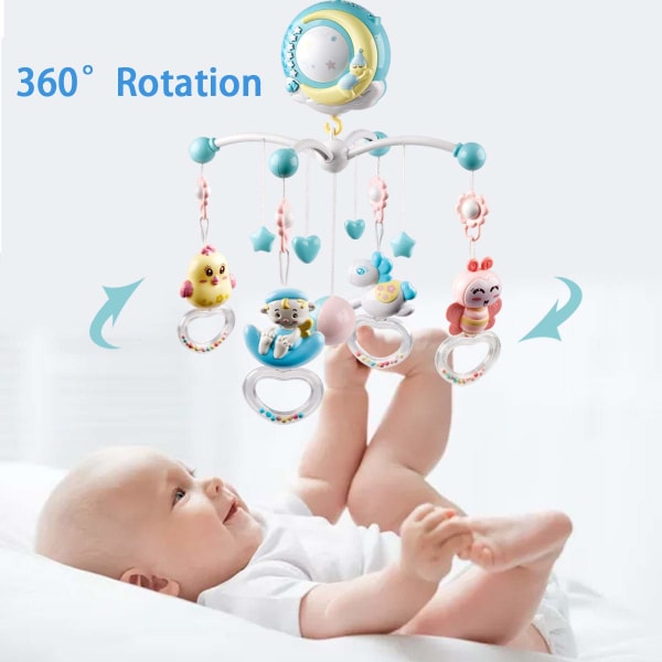 Baby Crib Mobile med Hængende Roterende Legetøj, Take Along Music Box og Projektor Funktion, Timing Remote, Perfekt Gave til Baby Sovende-blå