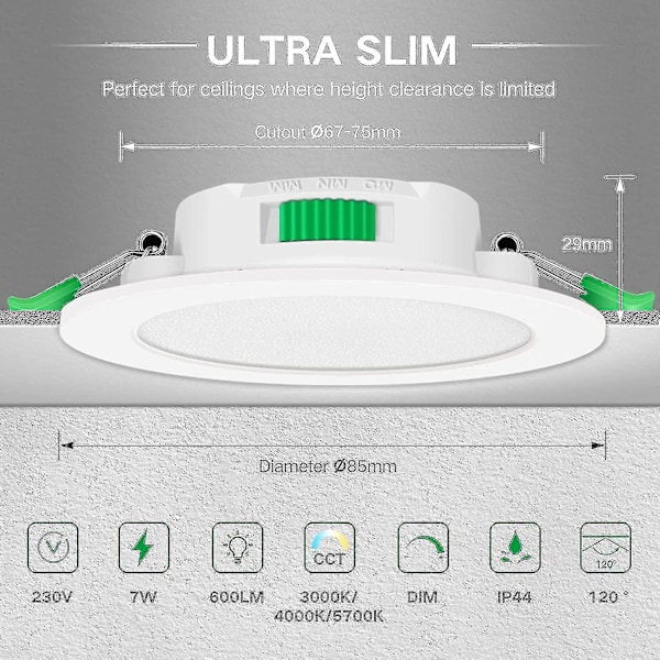 Db 12 stk. 7W Hvide LED Downlights Indbyggede Loftlamper Slanke Spotlys Høj Kvalitet