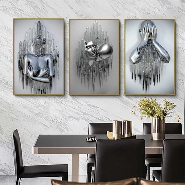 Set med 3 konstnärliga moderna affischer, 3D-metallfigur statykonst med
