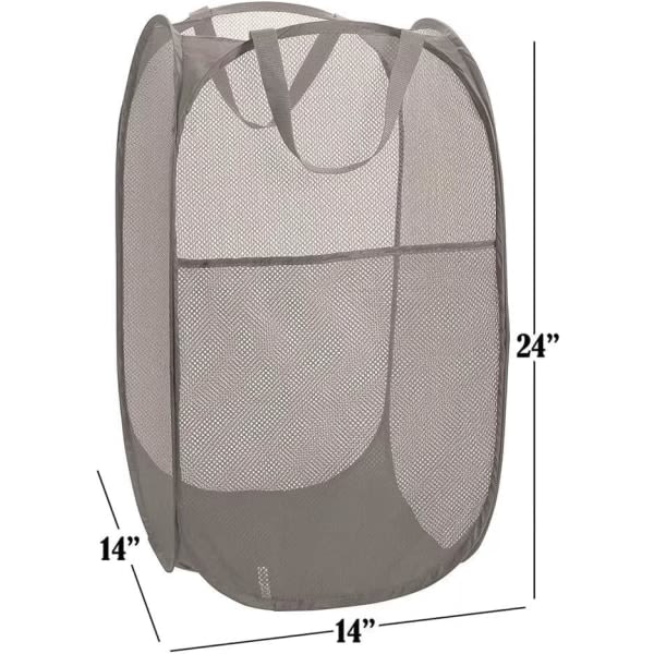 75L Deluxe, kraftig mesh pop-up skittentøyskurv med sidelomme for vaskerom, bad, barnerom, sovesal eller reise (grå, 36x36x60 cm)