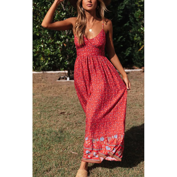 Sommer Maxi Kjoler til Kvinder Casual Boho Floral Wrap Nederdel V Hals Spaghetti Stropper Aften Fest Lang Kjole