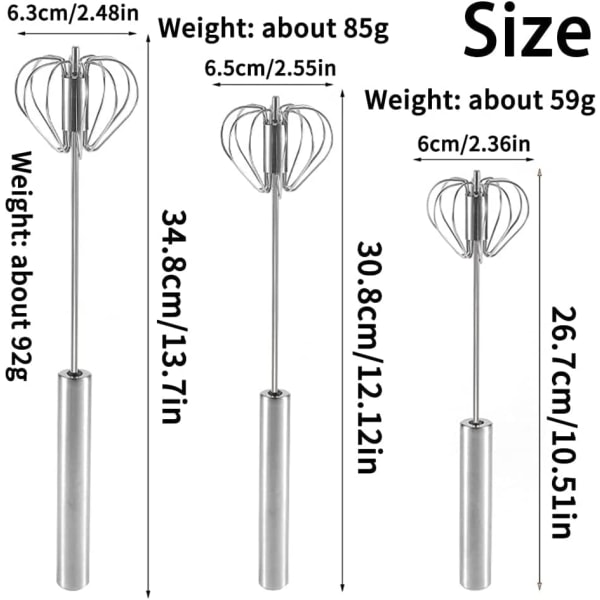 3 stk. halvautomatisk visp, rustfritt stål eggvisp, manuell visp kjøkkenvisp, trykkvisp, roterende mikser, eggvisp, for matlaging, miksing, røring